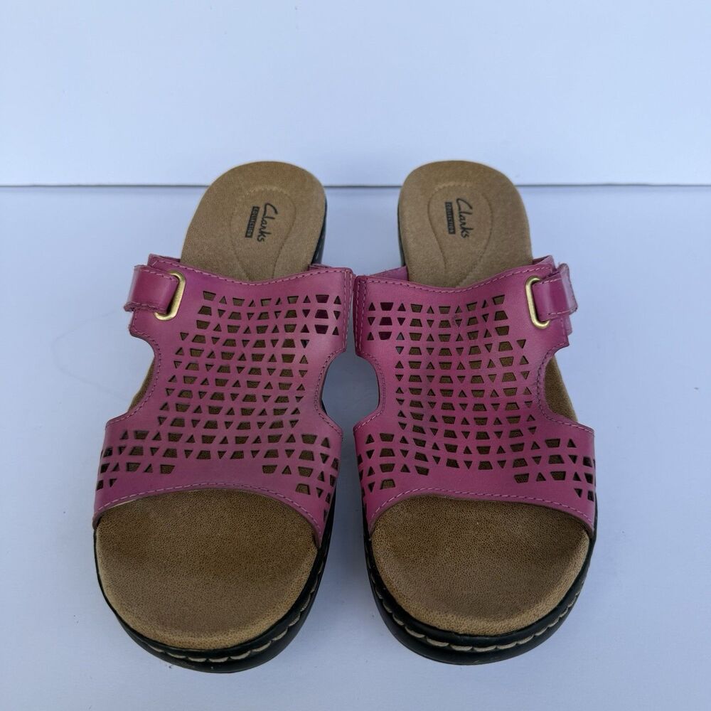 Clarks Pink Laser-Cut Slide Sandals